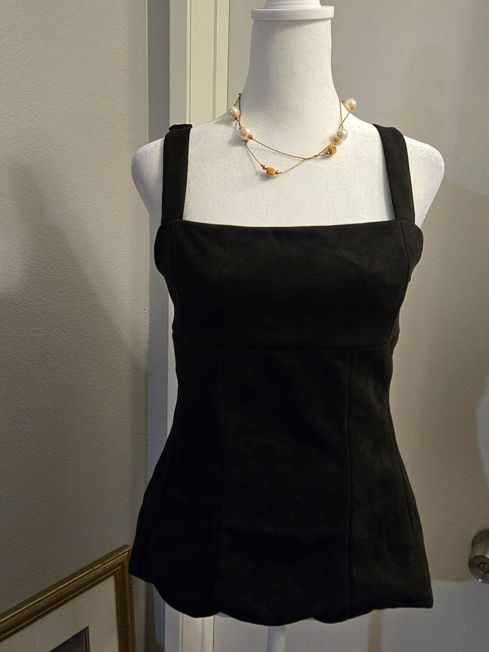 emerson lang Black faux suede double layer corset top with adjustable straps